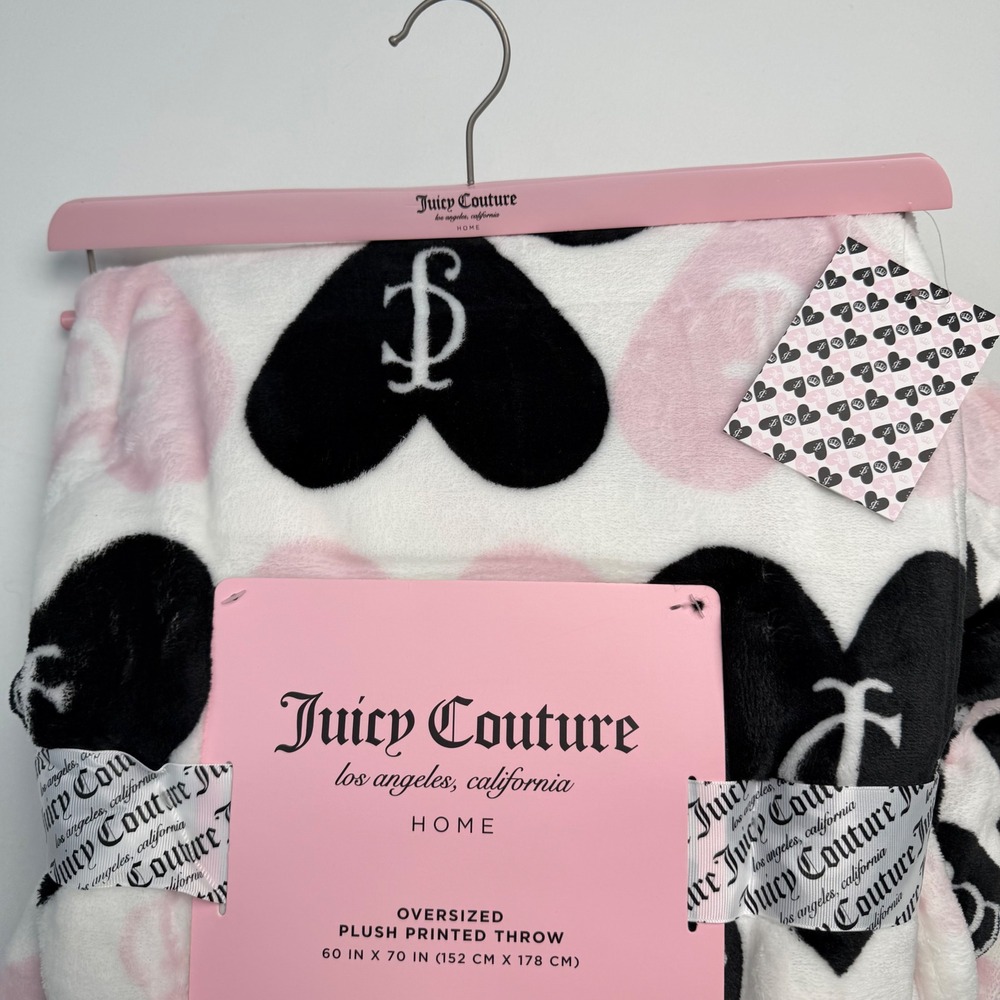 Juicy Couture Home Pink Black‎ Heart Oversized Plush Throw Blanket Y2K NWT 60x70